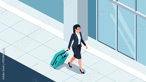 Professional business woman in suit walking through modern airport terminal while pulling turquoise rolling suitcase.