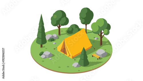 Isometric outdoor camping area with yellow tent surrounded by green trees and rocks in a natural forest setting.