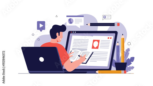 Young student sitting at laptop and studying with giant book and educational icons on lavender circular background.