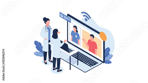 Medical doctors having online consultation with patients via video call on large laptop screen in isometric view.
