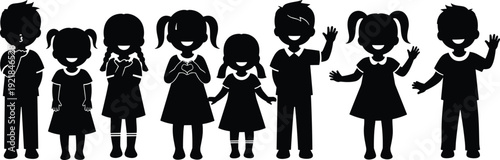 Set of silhouettes showing happy children waving blowing kisses and smiling in various friendly poses isolated on a plain white background