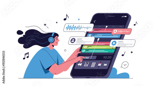 Young girl with headphones interacting with a large digital music player app on a smartphone screen surrounded by musical notes and icons.