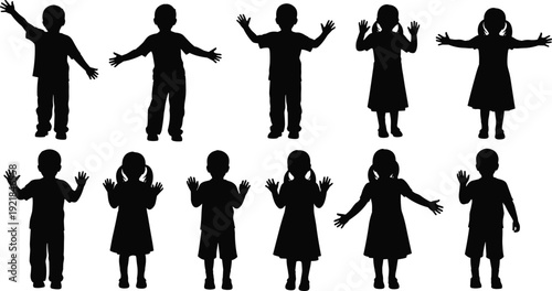 Set of silhouettes showing happy children and toddlers waving spreading arms and gesturing in various friendly poses isolated on white background