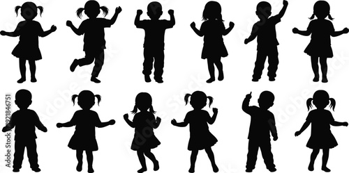 Set of silhouettes showing active toddlers and young children jumping dancing and cheering in various joyful poses isolated on white background