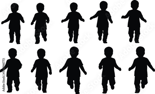 Set of silhouettes showing active young children and toddlers walking and running in various energetic poses isolated on a white background