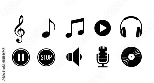 Collection of music and audio icons in black and white.