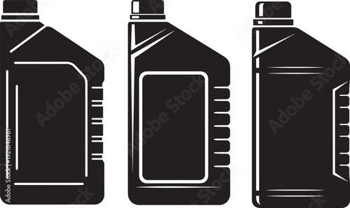 Black silhouette of three motor oil containers, isolated on white background. Versatile graphic for automotive, mechanical, and industrial concepts.