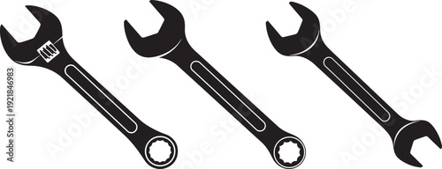 Set of three wrenches in silhouette: an adjustable wrench, a combination wrench, and a ratcheting wrench for various mechanical tasks.