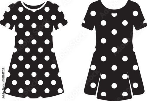 Chic black dresses adorned with bold white polka dots, showcasing stylish short sleeves and A-line silhouettes for a classic fashion look.