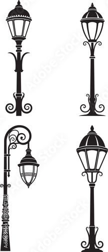 Elegant black silhouettes of ornate vintage street lamps, adding a touch of timeless charm and classic outdoor lighting.