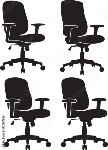Four modern office chairs with armrests in black silhouette, viewed from different angles on a white background.
