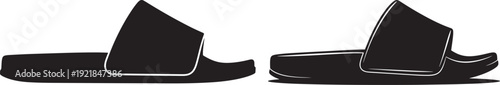 Black slide sandals, footwear illustration, simple graphic style, isolated on white background, unisex casual shoes
