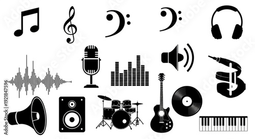 Collection of musical instruments and audio equipment icons.
