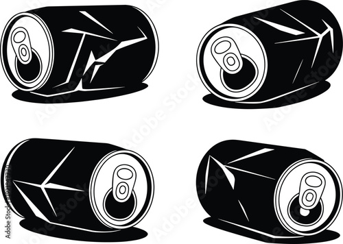 Black and white crushed aluminum cans illustration, recyclable beverage containers, eco waste concept vector design