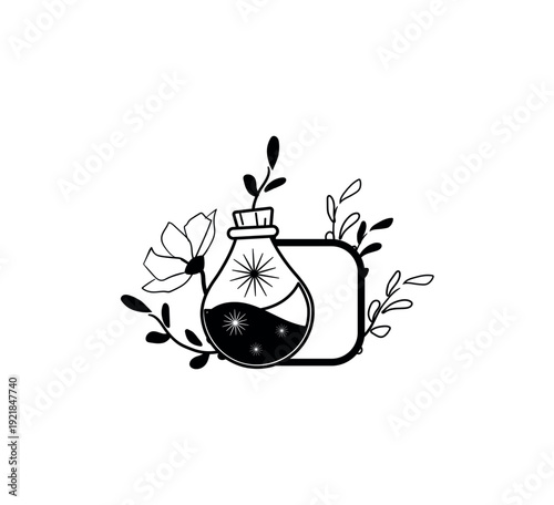 Vector illustration of a highly stylized decorative period or dot. This ornate punctuation mark is depicted as a mystical potion bottle with flowers and stars. Isolated object on white background.