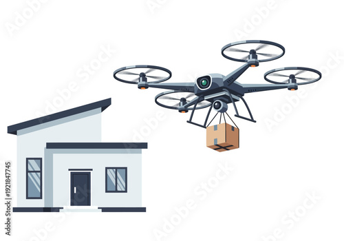 Delivery Drone Carrying Package to Modern House