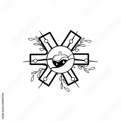 Vector illustration of a decorative asterisk or star-like symbol. Mystical boho style icon with a central eye, leaves, and radiating beams for a spiritual design. Isolated object on white background.