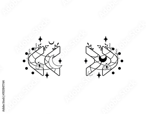 Vector illustration of decorative less-than and greater-than signs or angle brackets. Mystical boho style chevron symbols with moons, stars, and leaves. Isolated object on white background.