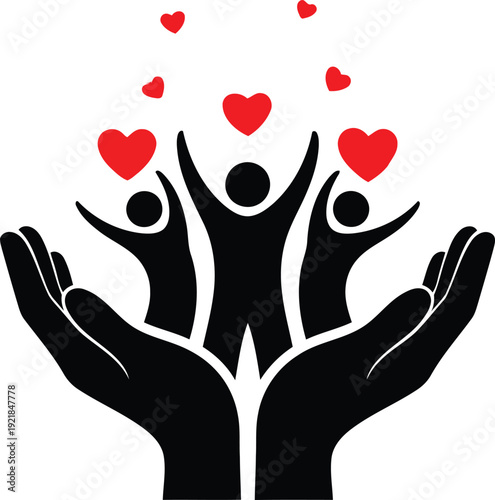 Three people rejoicing with hearts rising above their outstretched hands in a symbol of love and unity