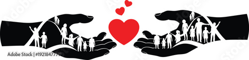 Hands holding people and a heart, symbolizing care and community support in a graphic illustration