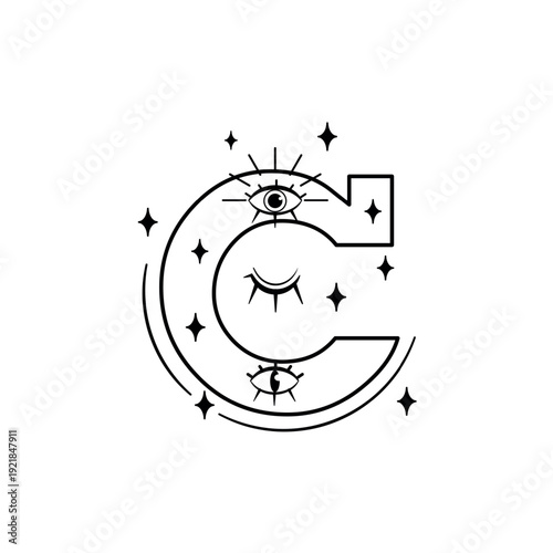 Vector illustration of a decorative uppercase letter 'C'. Mystical boho style alphabet character with an eye, crescent moon, stars, and leafy elements. Isolated object on white background.