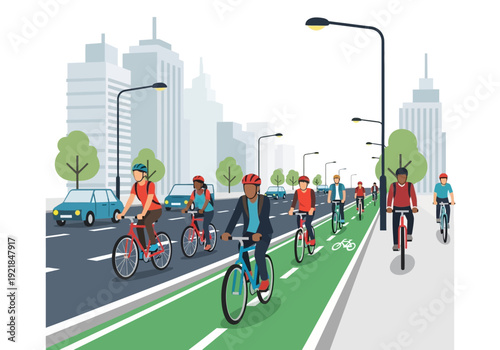 Cyclists on a Green Bike Lane in a Cityscape Illustration