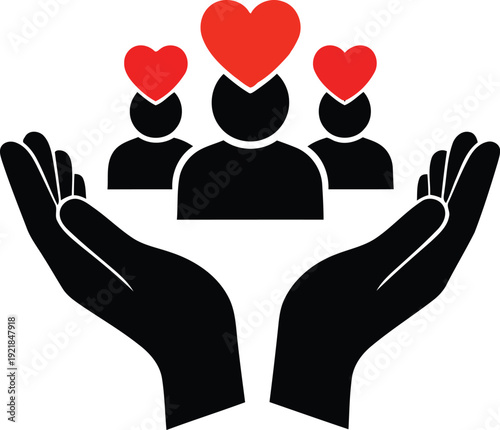 Hands cradling people with hearts above them symbolizing care and compassion in a simple graphic representation