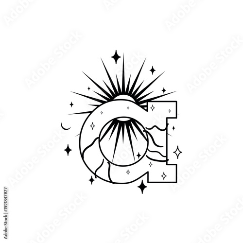 Vector illustration of a decorative uppercase letter 'A'. Ornate celestial style alphabet character with a crescent moon, sunburst, stars, and leafy elements. Isolated object on white background.