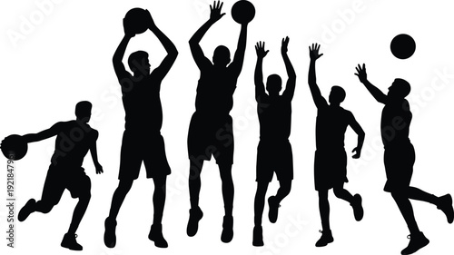 Basketball player silhouettes set, dribbling and shooting action poses black and white sport vector illustration