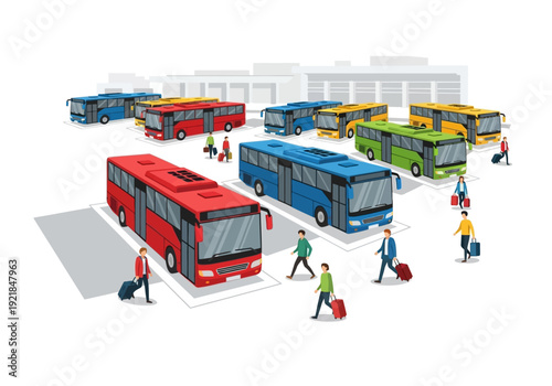 Colorful Buses at a Terminal with Passengers and Luggage, Vector Illustration