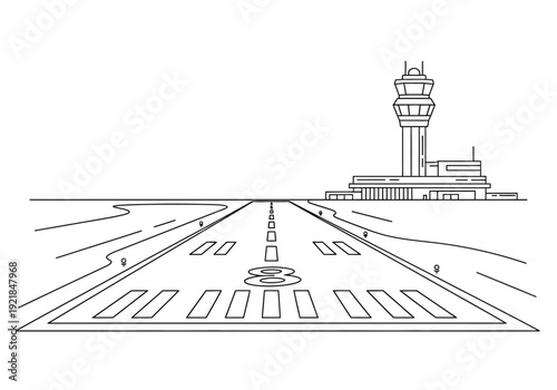 Airport Runway and Control Tower Outline Illustration
