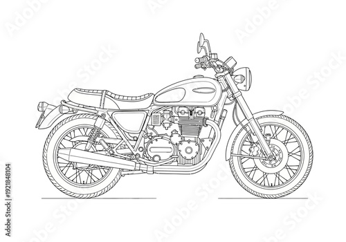 Detailed Line Art Illustration of a Classic Motorcycle
