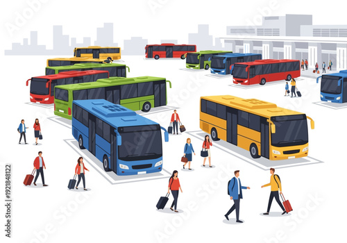 Colorful Buses at a Terminal with Passengers and Luggage