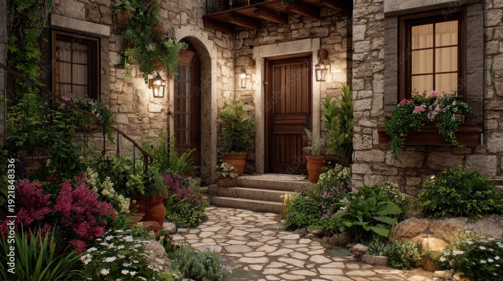 Fototapeta premium Stone house entrance with lush garden