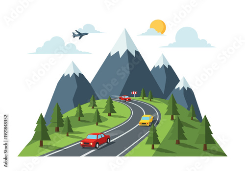 Mountain Road Trip with Cars and Airplane Illustration