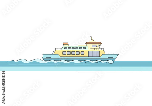 Cartoon Ferry Boat on Water with Waves Illustration