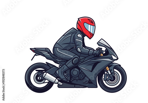 Cartoon Motorcyclist with Red Helmet on Dark Gray Sportbike