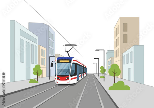 Modern Tram on City Street with Buildings and Trees Illustration