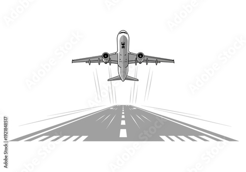 Airplane Taking Off from Runway, Front View, Vector Illustration