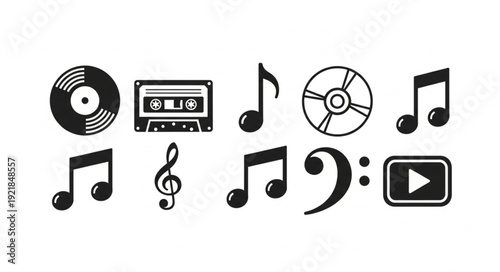 Collection of music icons and symbols on white background.