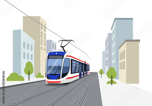Modern Electric Tram on City Street with Buildings and Trees