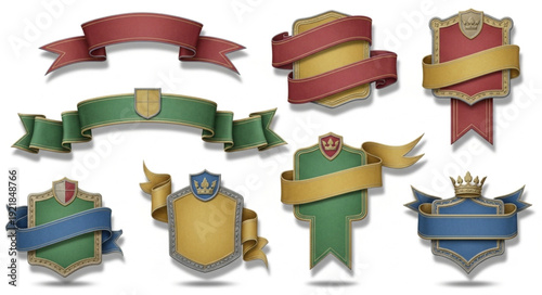Collection of ornate heraldic shields and banners with regal elements.