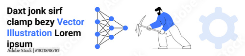 Artificial intelligence, neural networks, data mining, machine learning, technology, automation. Diagram of neural network, man mining data and gear icon. AI and neural networks