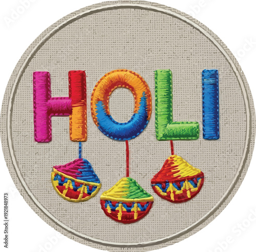 Vibrant Holi celebration embroidered on fabric with colorful powder-filled balloons in a circular frame