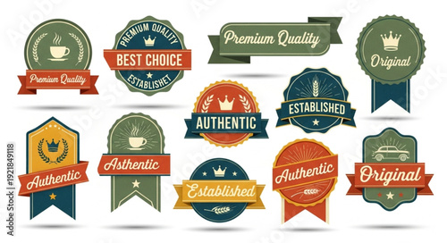 Collection of Vintage Style Labels and Badges with Text.