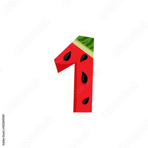Vector illustration of a red number 1 shaped like a slice of watermelon.