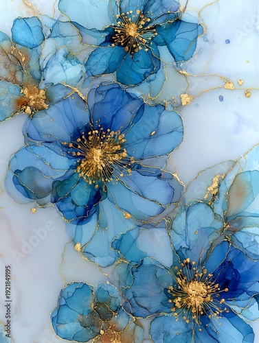 Abstract blue flowers with gold accents, executed in alcohol ink in light gray and dark blue tones. This work is perfect for wall art, living room or bedroom decor, or as a canvas print.