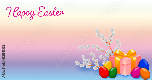 Happy Easter horizontal vector illustration with a gift box, colorful eggs and pussy willow branches on soft pastel background and copy space for text