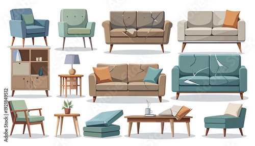 Colorful assortment of modern living room furniture and decor isolated on transparent background