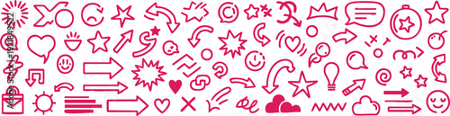 Assortment of pink hand drawn doodle featuring arrows hearts stars lightbulbs and smiley faces